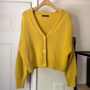 DELUC canary sunshine yellow cotton boxy cropped long sleeve cardigan sweater
